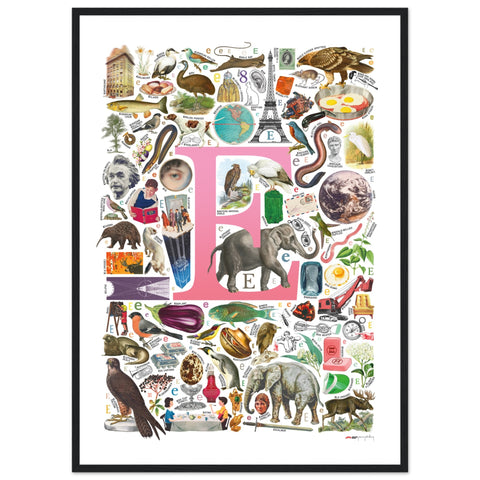 "E is for Explore" — a Renard Roux alphabet poster with English E words (pink version)