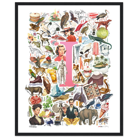 "I is for Imagination" — a Renard Roux alphabet poster with English I words (pink version)
