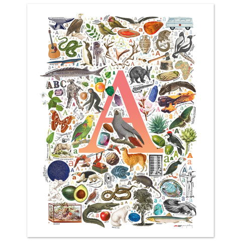 "A is for Adventure" — a Renard Roux alphabet poster with English A words (red version)