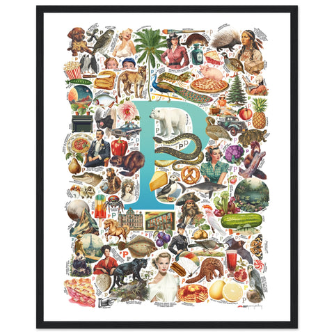 "P is for Pioneer" — a Renard Roux alphabet poster with English P words (turquoise version)