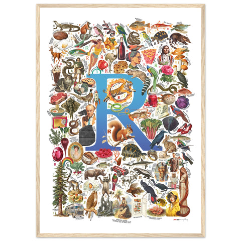"R is for Remarkable" — a Renard Roux alphabet poster with English R words (blue version)